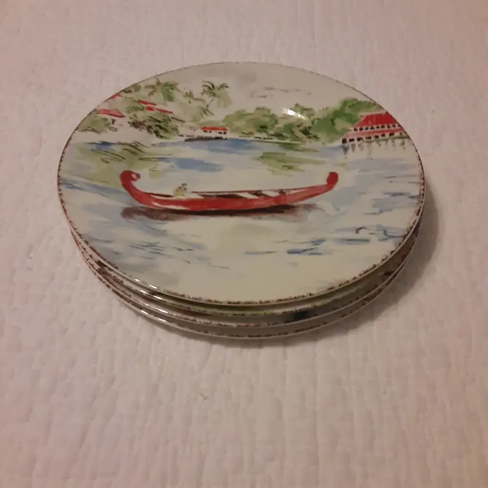 Pier 1 Destination Plates x4 Plus Hangers Travel Decorative Vibrant 7.5x7.5